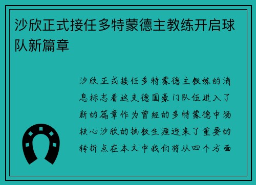 沙欣正式接任多特蒙德主教练开启球队新篇章