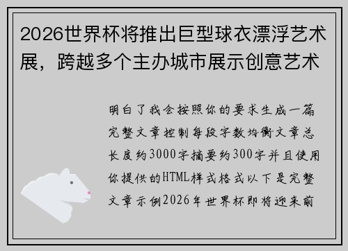 2026世界杯将推出巨型球衣漂浮艺术展，跨越多个主办城市展示创意艺术