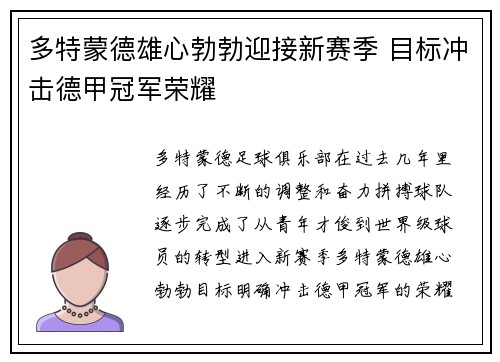 多特蒙德雄心勃勃迎接新赛季 目标冲击德甲冠军荣耀
