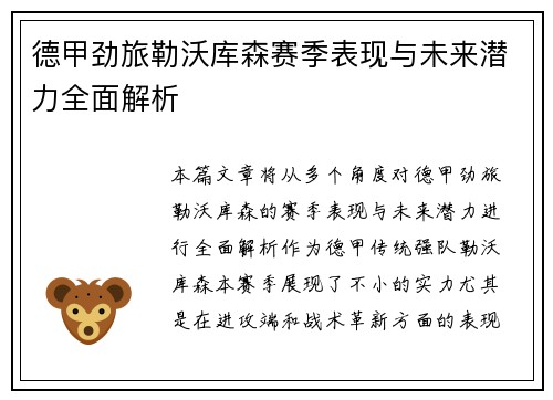 德甲劲旅勒沃库森赛季表现与未来潜力全面解析